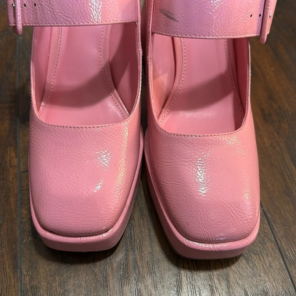 Mary Jane Khiara Shiny Textured Pink Platform Patent Leather Block Heeled Shoe